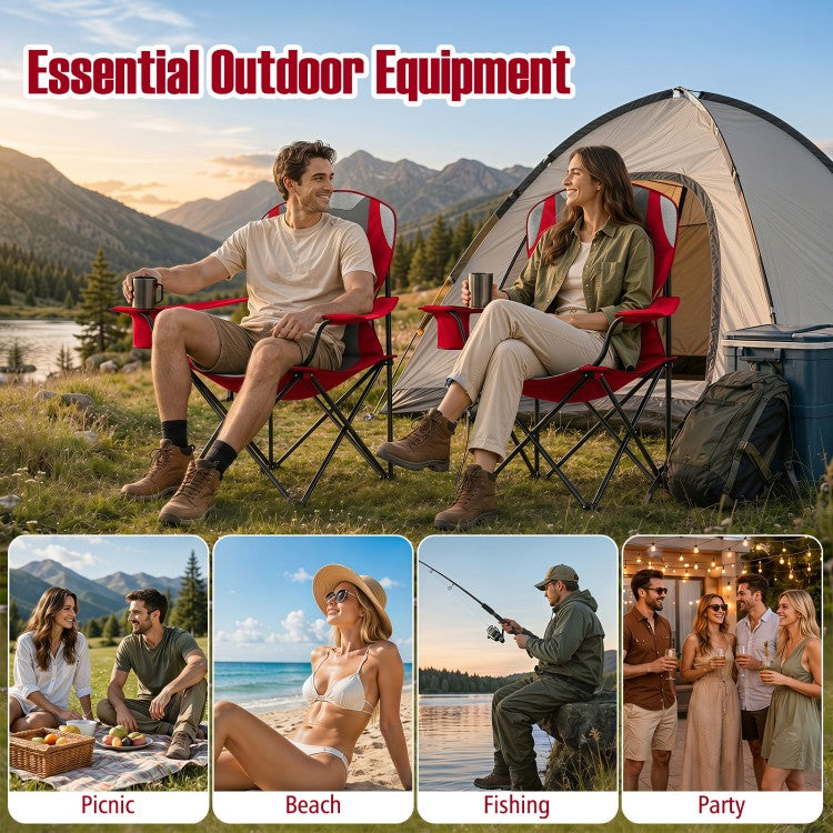 2-Pack Folding Camping Chairs for Adults with Cup Holders, Padded Portable Outdoor Chairs, Heavy-Duty 330 lb Capacity