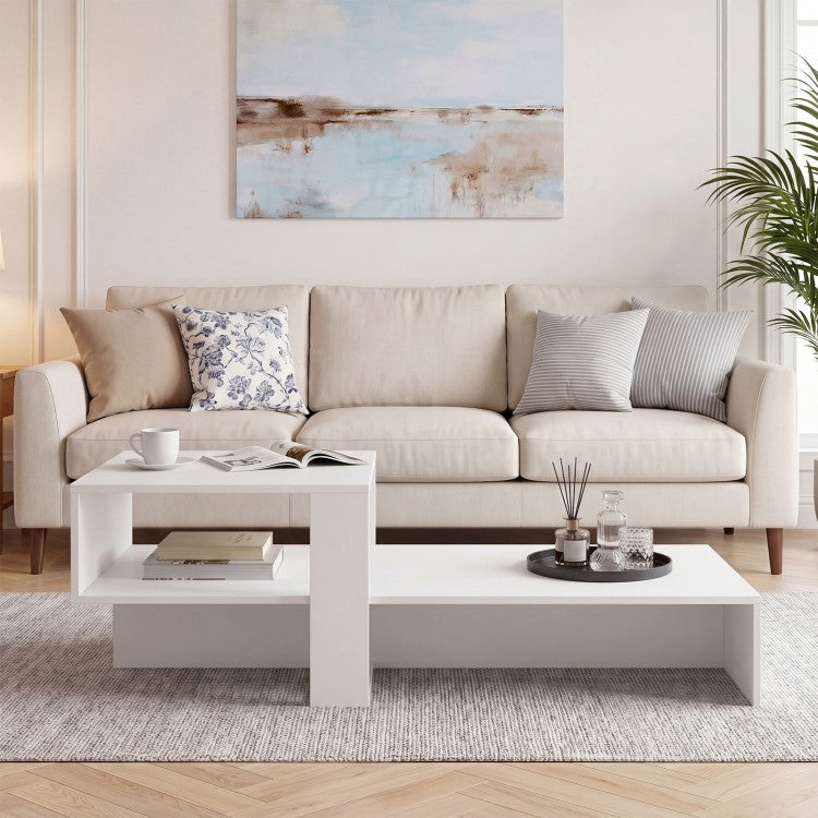 2-Tier Modern Irregular Coffee Table with Open Storage Shelf, Geometric Center Table for Living Room