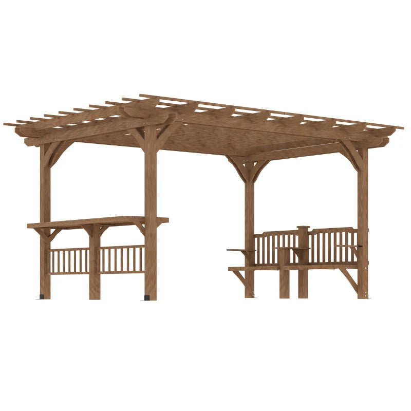 Outsunny 14' x 10' Outdoor Pergola, Wooden Gazebo Grill Canopy with Bar Counters and Seating Benches, for Garden, Patio, Backyard, Deck