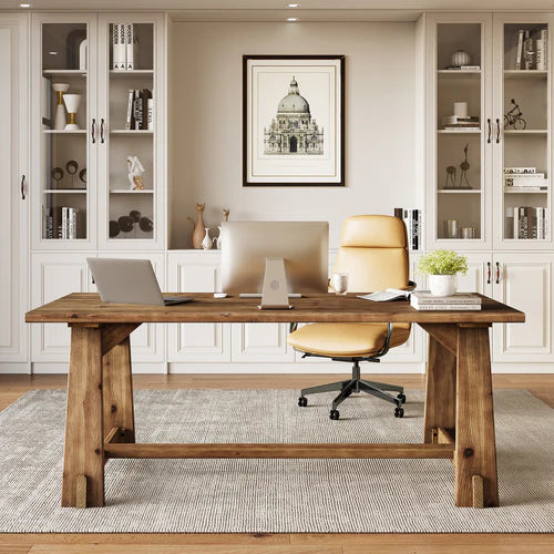 63" Solid Wood Office Desk Farmhouse Executive Computer Desk with Large Work Surface 1.18" Thick Tabletop for Home Office Rustic Natural