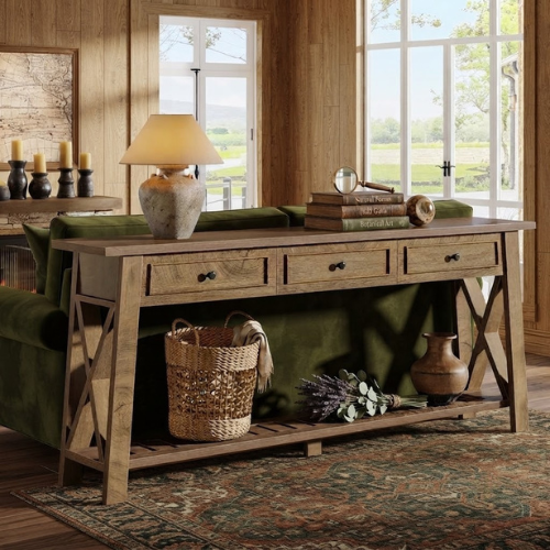 70.8" Console Table with 3 Storage Drawers, Long Sofa Table Behind Couch with Shelf, Farmhouse Entryway Table Brown