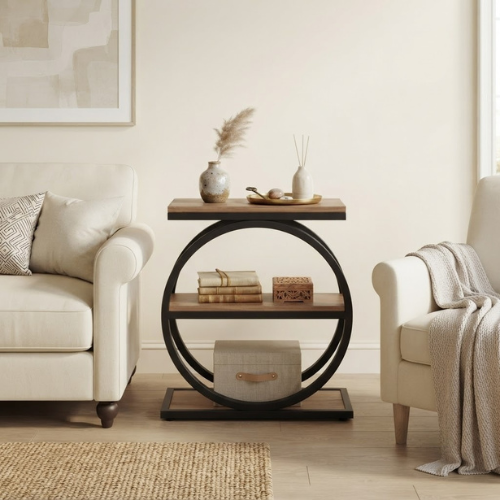 End Table 3-Tier Industrial Sofa Side Table with Round Metal Frame Storage Shelves for Living Room Bedroom Rustic Finish