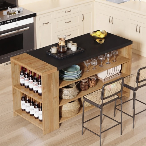 Kitchen Island 55" Farmhouse Coffee Bar Table with Storage 5 Shelves Vintage Brown