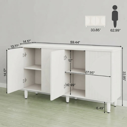 Sideboard Buffet 59.4" White Credenza Storage Cabinet with Doors 4-Tier Shelves Modern Contemporary Design for Dining Room Storage