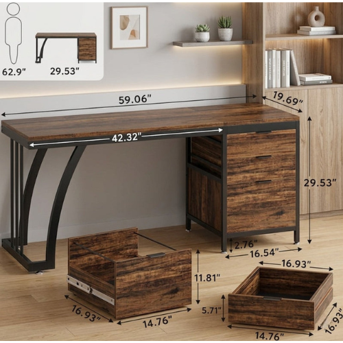 59" Industrial Computer Desk with Reversible Drawer Cabinet for Study & Office