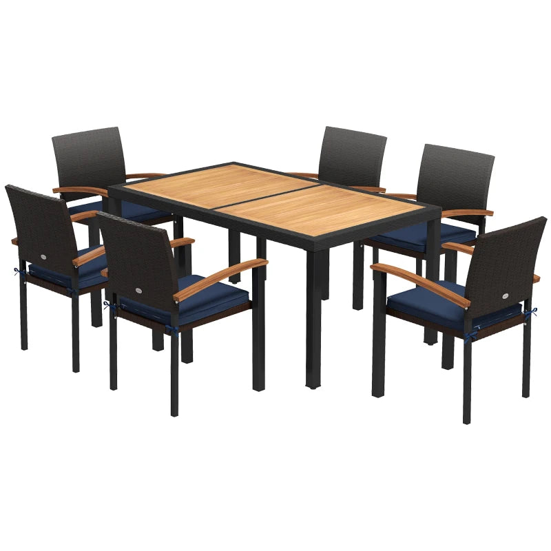 Outsunny Outdoor Dining Set 7 Pcs Space-Saving PE Rattan Patio Table and Chairs w/ Acacia Wood Table Top Soft Cushions, Black