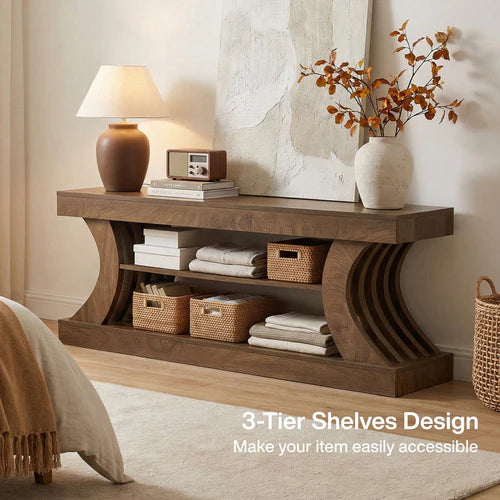 TV Stand 63" Entertainment Center with 3-Tier Storage Shelf for TVs up to 75" with Curved Side Supports and Open Shelves Brown