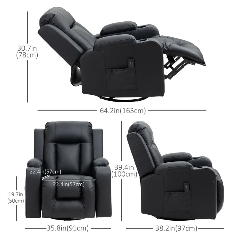HOMCOM Massage Recliner Chair for Living Room with 8 Vibration Points, PU Leather Manual Reclining Chair with Cup Holders, Swivel Base, Rocking Function, Black