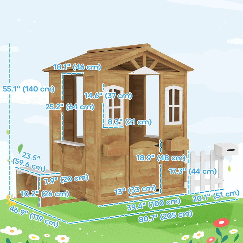 Outsunny Wooden Kids Playhouse – Yellow with Door, Windows, Mailbox, Flower Pot Holder & Serving Station Bench