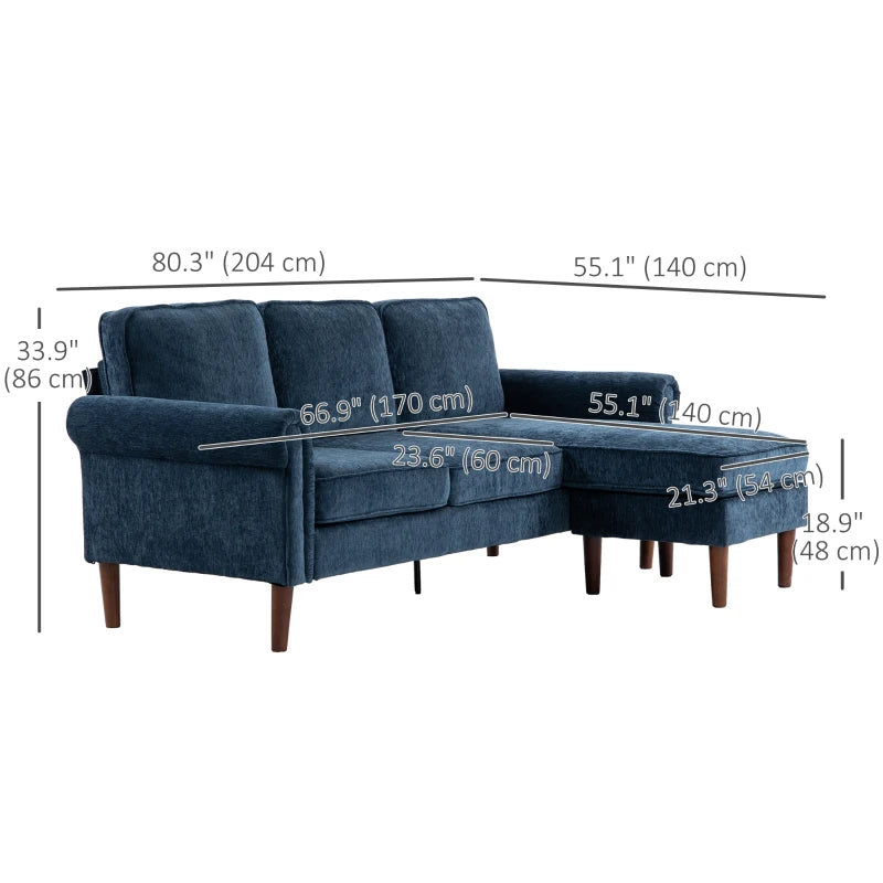 HOMCOM L Shape Sofa, Modern Sectional Couch with Reversible Chaise Lounge, Wooden Legs, Corner Sofa for Living Room, Dark Blue
