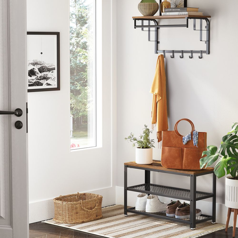 VASAGLE Shelf Storage Bench with Metal Mesh Shelves and Seat