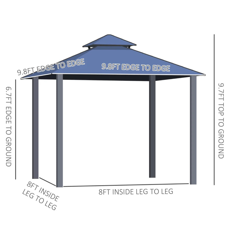 Outsunny 10'x10' Hardtop Patio Gazebo Aluminum Gazebo Deck Canopy with Double Tier Roof, Curtains, Netting Sidewalls, Black & Grey