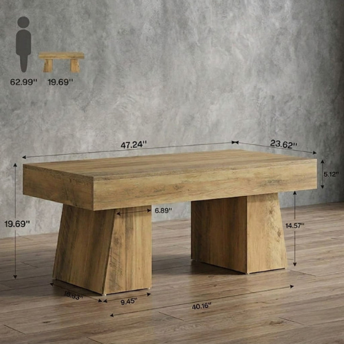 Rustic Farmhouse Coffee Table, 47.24-Inch Rectangular Center Table with Solid Base
