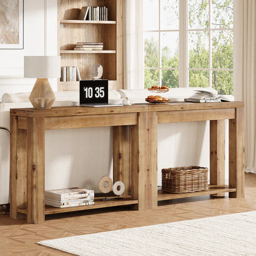 43.31" Solid Wood Console Table 2-Tier Farmhouse Narrow Entryway Sofa Table with Thick Top for Living Room Hallway Rustic Natural