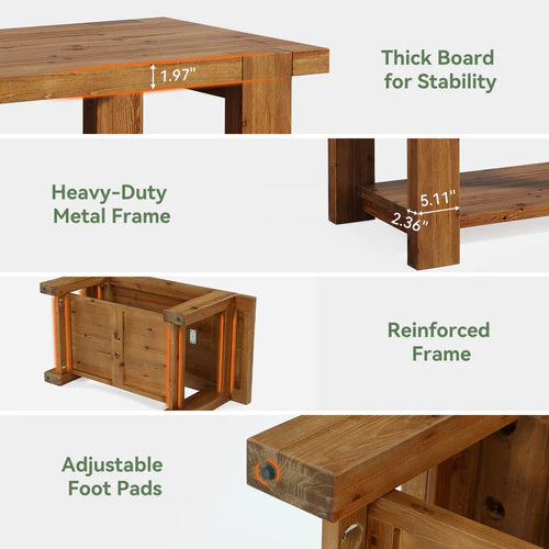 Wood Coffee Table 47.2" Solid Wood Rectangle Center Table with 2-Tier Storage Shelf and Thick Tabletop Rustic Brown