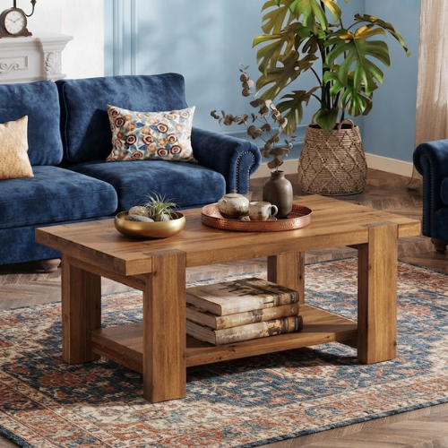 Wood Coffee Table 47.2" Solid Wood Rectangle Center Table with 2-Tier Storage Shelf and Thick Tabletop Rustic Brown