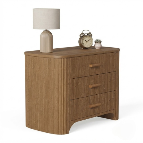 Nightstand 31.5" Oversized Bedside Table with 3 Drawers Mid-Century Modern Fluted Design Wide Storage Cabinet Brown Finish for Bedroom