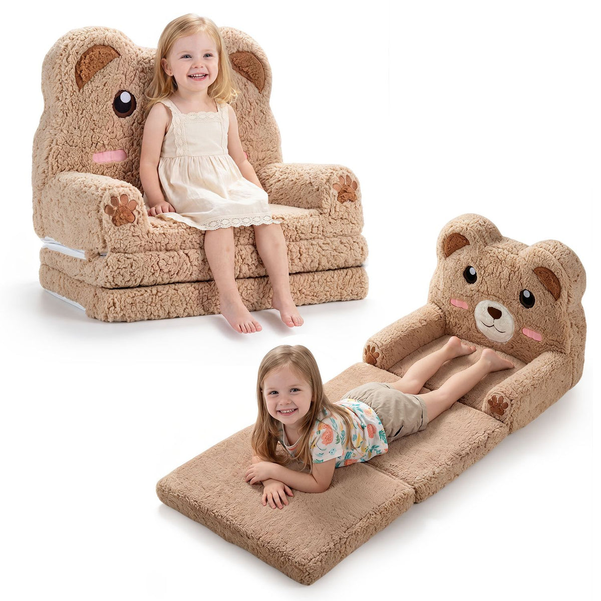 2-in-1 Foldable Kids Sofa Bed with Washable Slipcover – Toddler Couch & Lounger with Storage Pocket