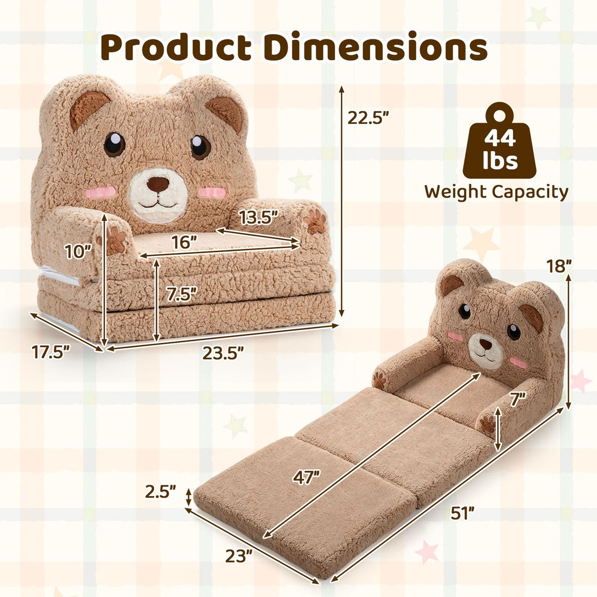 2-in-1 Foldable Kids Sofa Bed with Washable Slipcover – Toddler Couch & Lounger with Storage Pocket