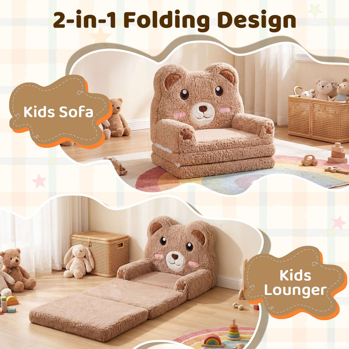 2-in-1 Foldable Kids Sofa Bed with Washable Slipcover – Toddler Couch & Lounger with Storage Pocket