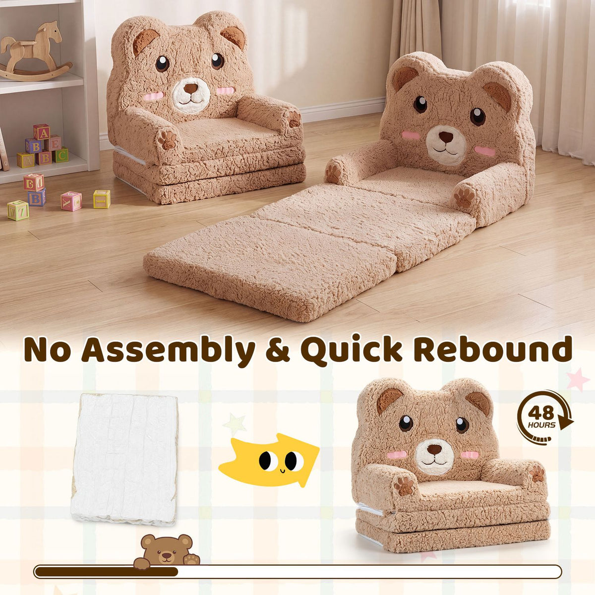 2-in-1 Foldable Kids Sofa Bed with Washable Slipcover – Toddler Couch & Lounger with Storage Pocket