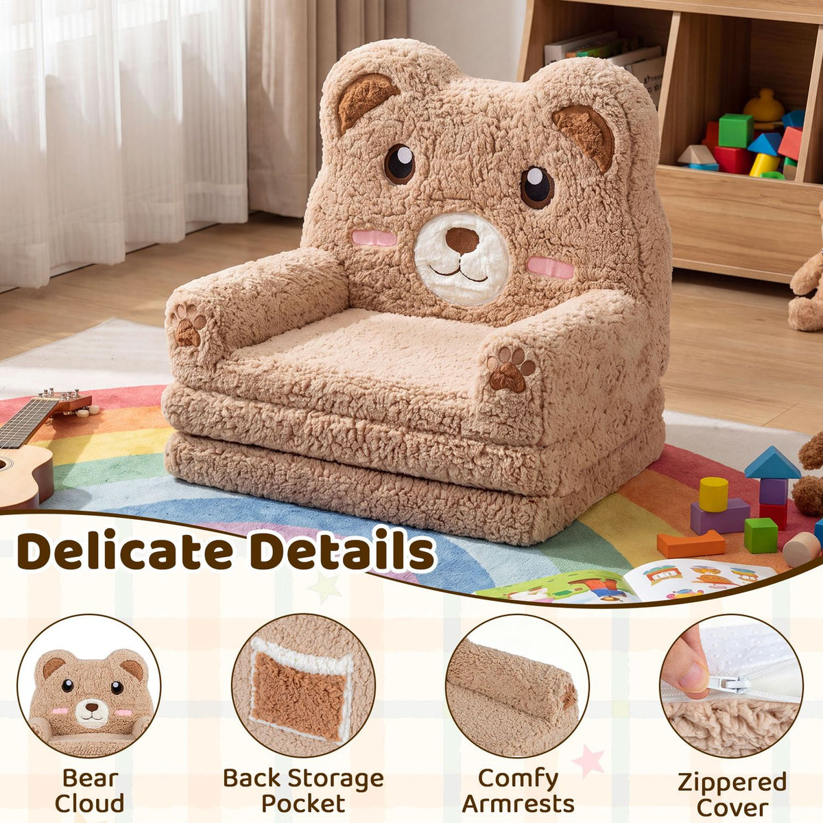 2-in-1 Foldable Kids Sofa Bed with Washable Slipcover – Toddler Couch & Lounger with Storage Pocket