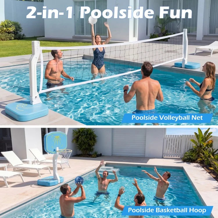 2-in-1 Pool Basketball Hoop & Pool Volleyball Net Set, Portable Water Games Combo with Balls & Air Pump