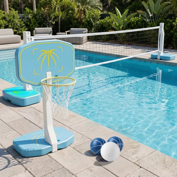 2-in-1 Pool Basketball Hoop & Pool Volleyball Net Set, Portable Water Games Combo with Balls & Air Pump