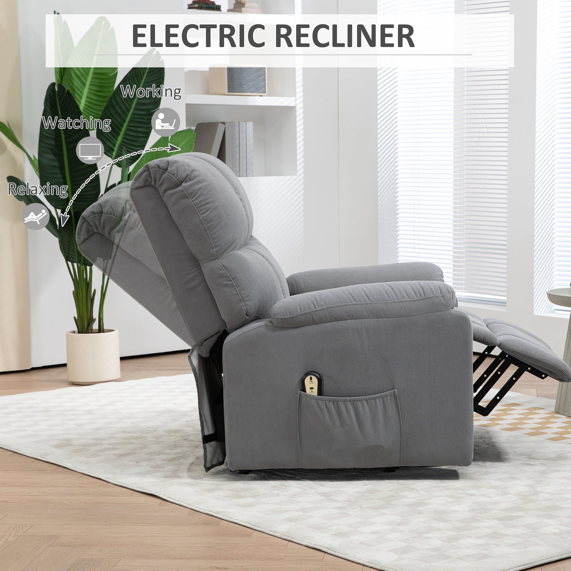 HOMCOM Electric Recliner Lift Chair for Elderly Fabric Upholstery Remote Control Side Storage Pockets Elegant Grey