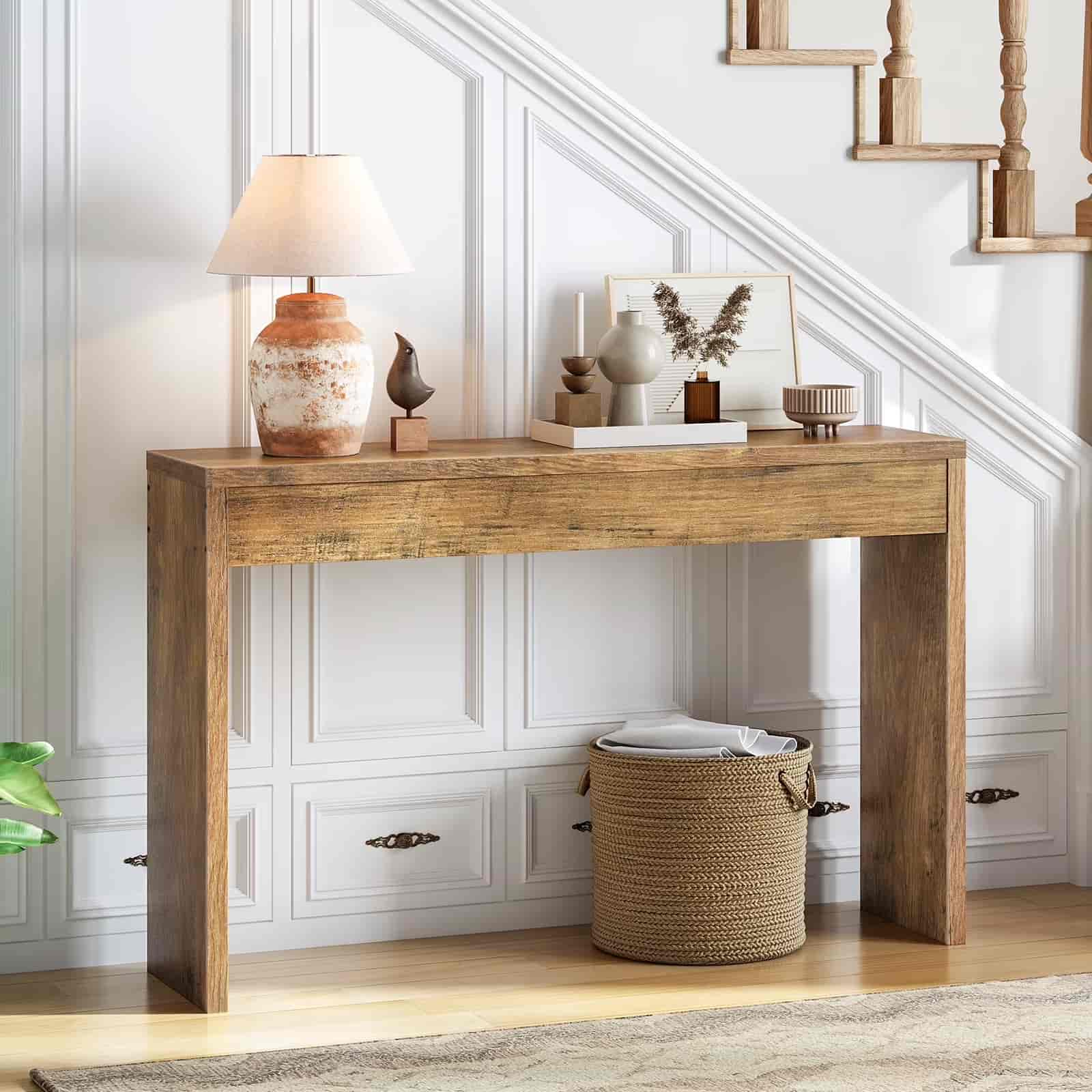 HOOBRO Farmhouse Console Table, 47.2" Entryway Sofa Table with Metal Frame, Brown