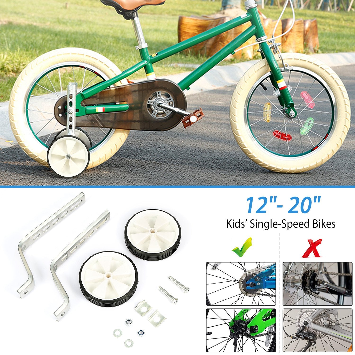 Bicycle Training Wheels Adjustable Kids Children Bike Stabilizer Wheel for 12"- 20" Bike