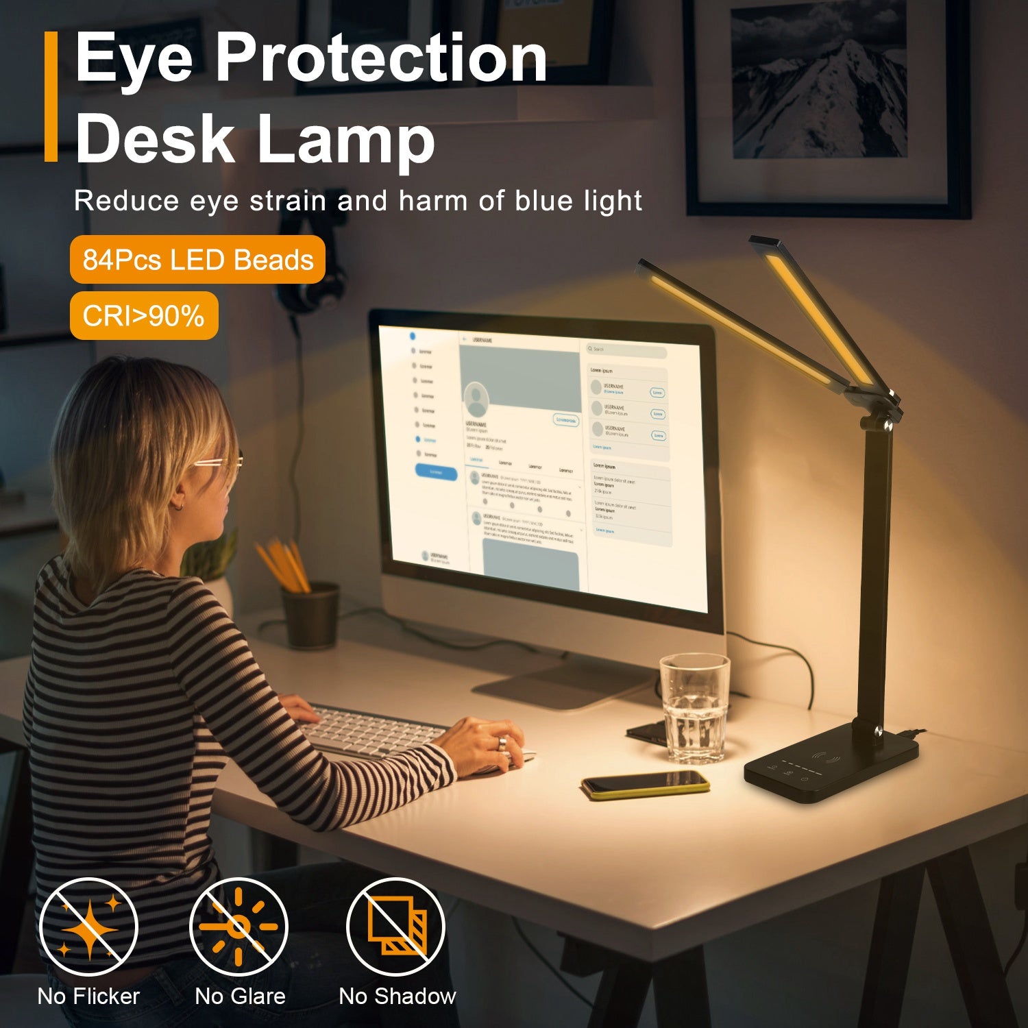 Double Head Desk Lamp with Wireless Charging USB Charging Port 5 Color 5 Brightness Eye-Caring Flexible Reading Lamp Foldable Time Setting Table Worki