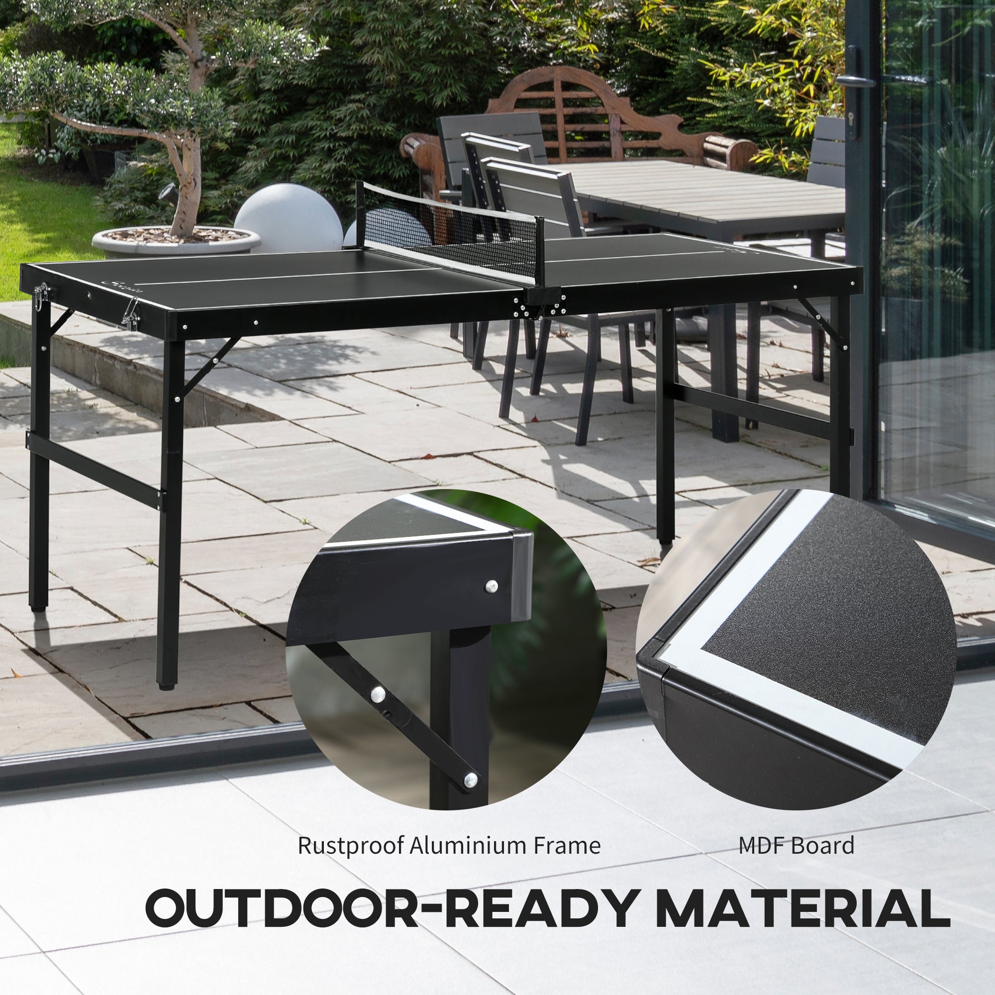 Soozier Mid-size Folding Table Tennis Table with Aluminium Frame, Portable Outdoor Ping Pong Table with Net, Black
