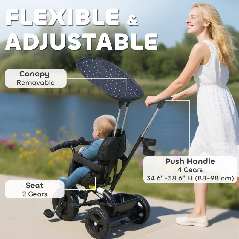 Qaba 6 in 1 Kids Tricycle with Removable Handlebar and Canopy, Navy Blue