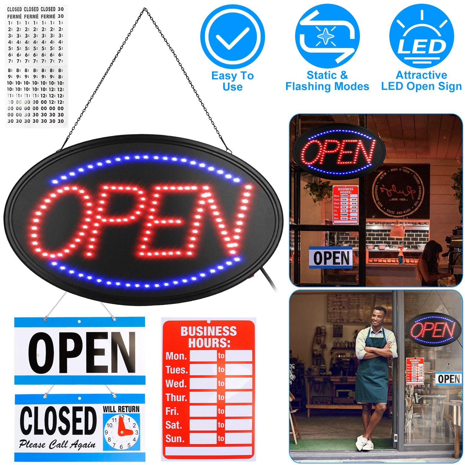LED Open Sign 22.64x13.78In Business Neon Open Sign Advertisement Board with Steady Flashing Modes Business Hours and Open Closed Sign