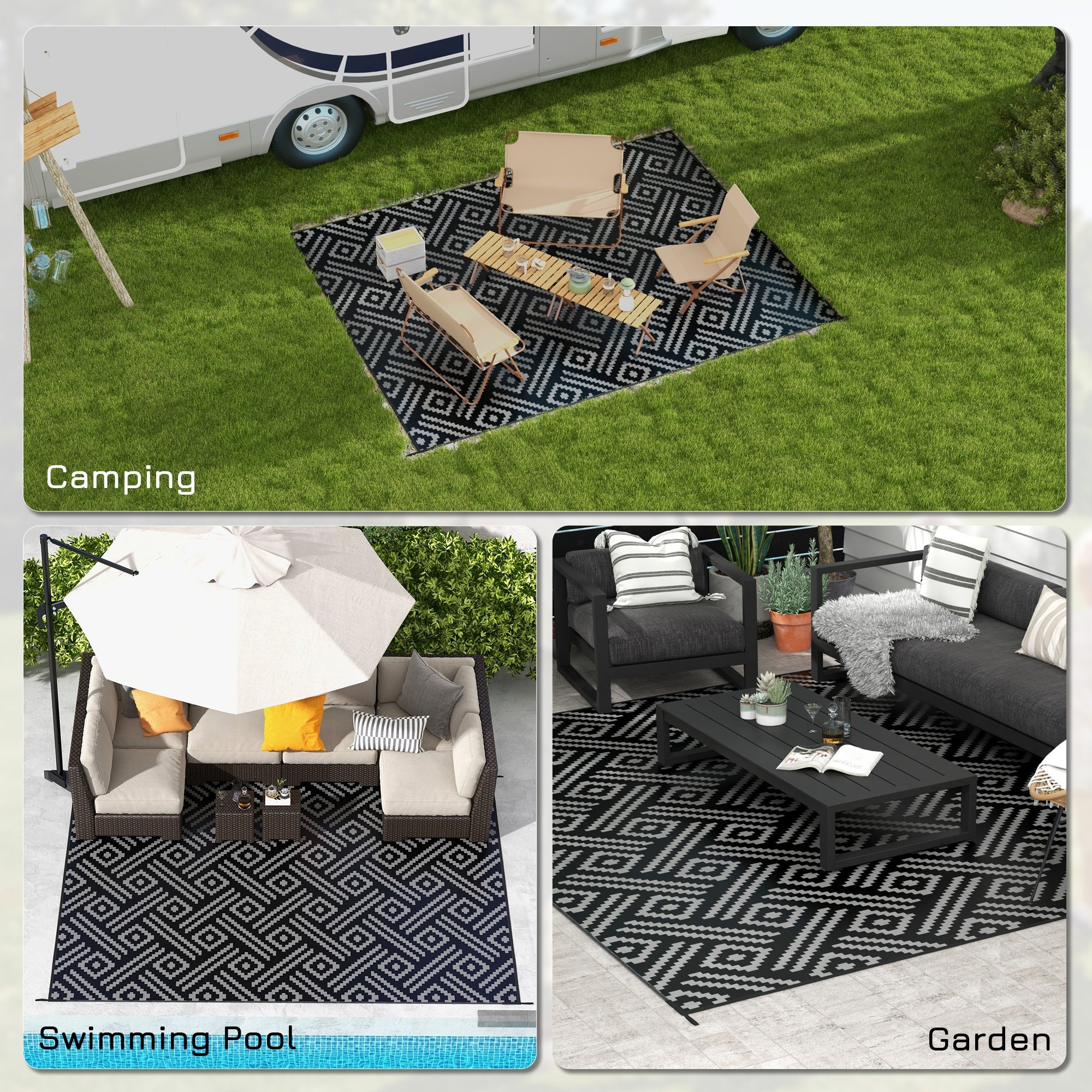 Outsunny Reversible Outdoor Rug, 9'x12', Waterproof Plastic Straw, Black & Grey Geometric, with Carry Bag - Versatile & Durable