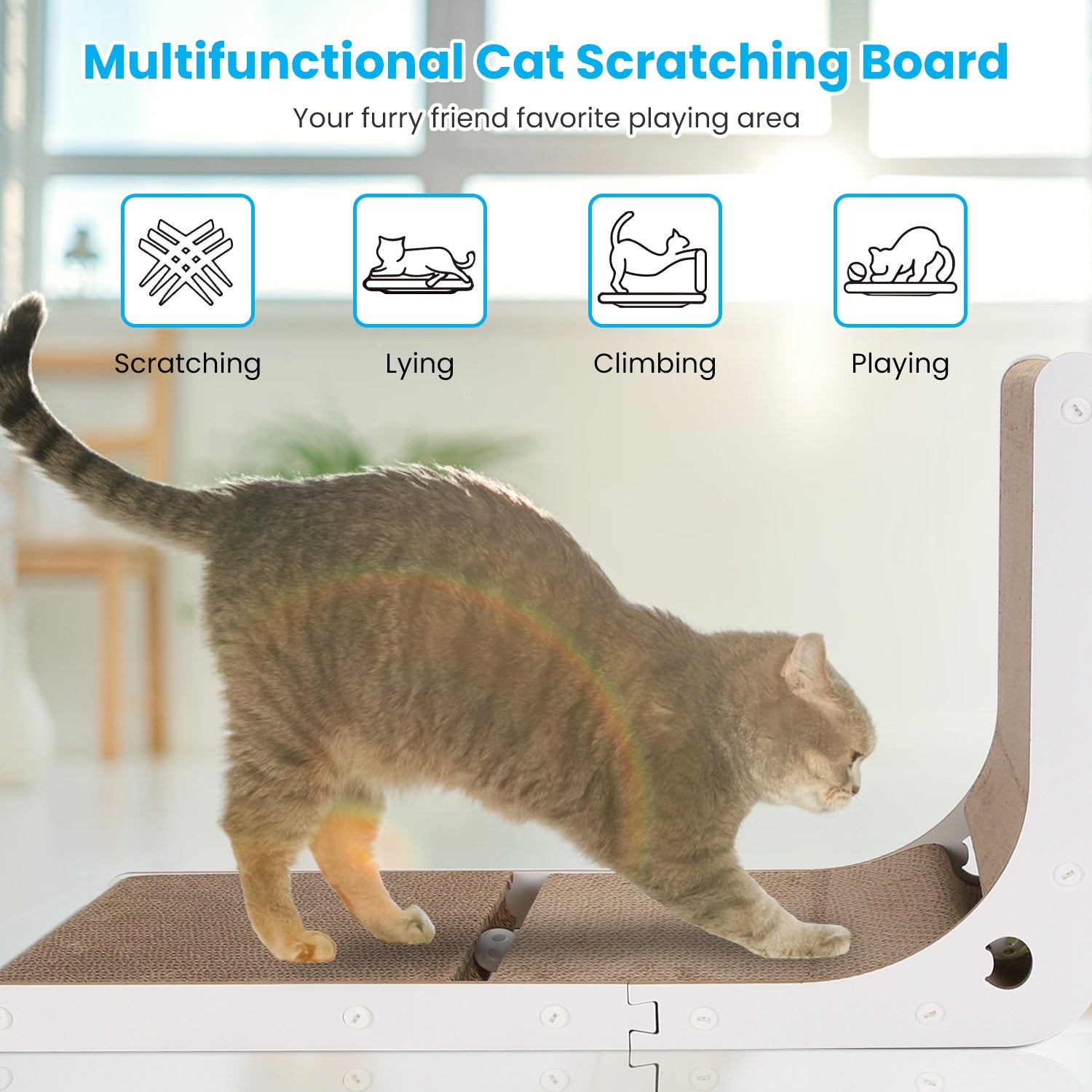 Indoor L Shaped Cat Scratcher with Cat Interactive Toy Cardboard 23.62in High Lounge Bed Furniture Protector Cat Kitten Scratching Pad
