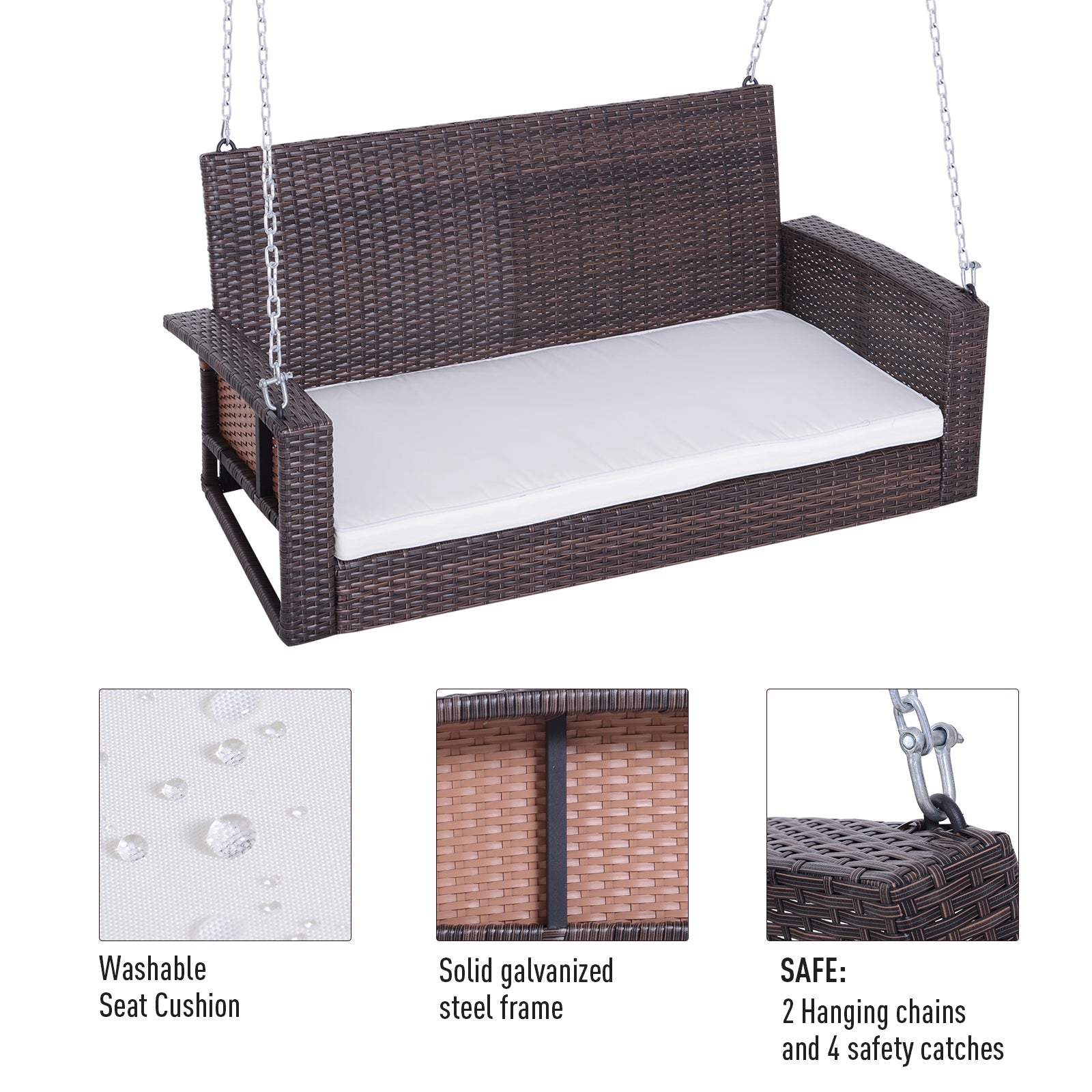 Outsunny Wicker Porch Swing Chair 2-Person Garden Hanging Bench Cushion Outdoor Rattan Double Hammock Sun Lounge White