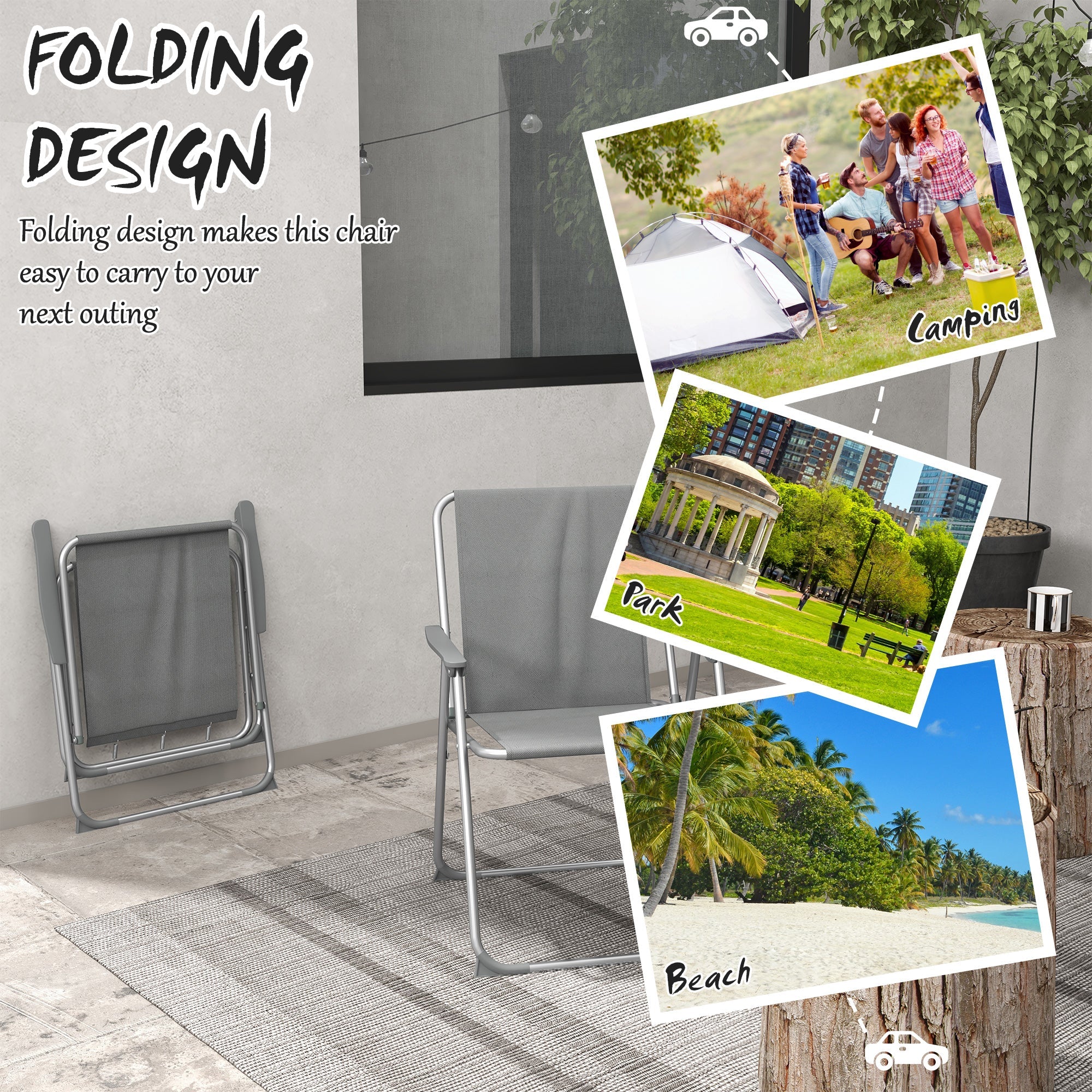 Outsunny 2 Pack Outdoor Folding Chair Set, Portable Camping Chairs with Armrest, Oxford Fabric Seat, Outdoor Chairs, Grey