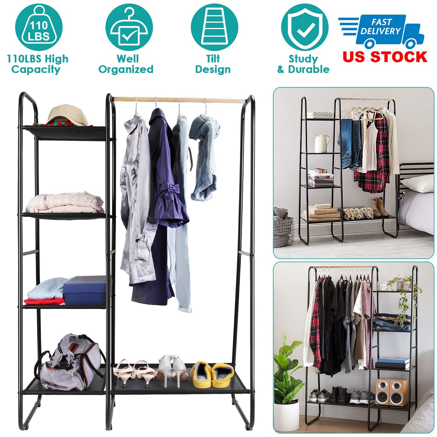 Metal Garment Hanging Rack Shoe Clothing Organizer Shelves Freestanding Clothing Hanging Rail Clothes Wardrobe Shoe Display Organizer with 1 Hanging R