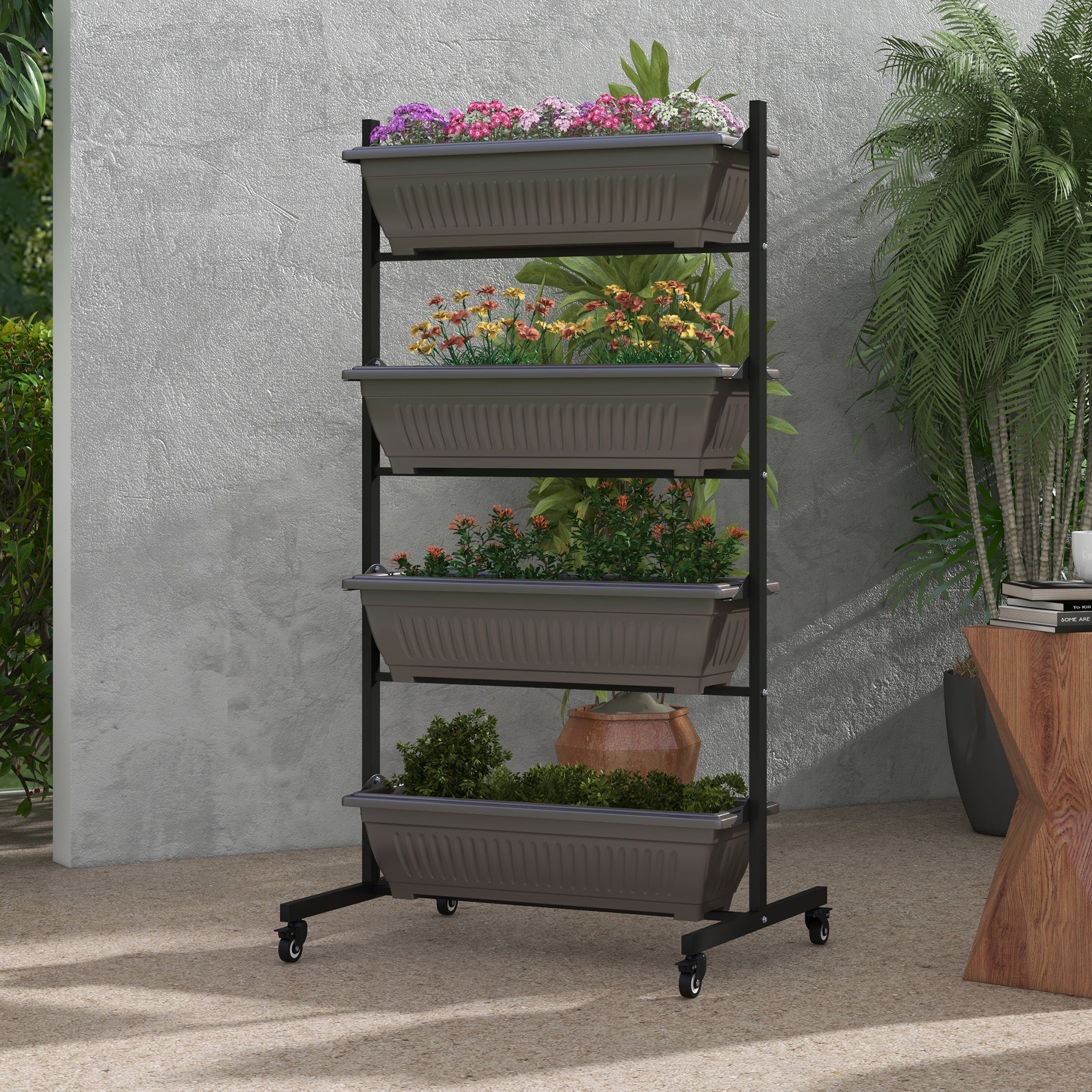 Outsunny 4-Tier Vertical Garden Planter with Wheels 4 Boxes Outdoor Plant Stand for Vegetables Flowers Brown