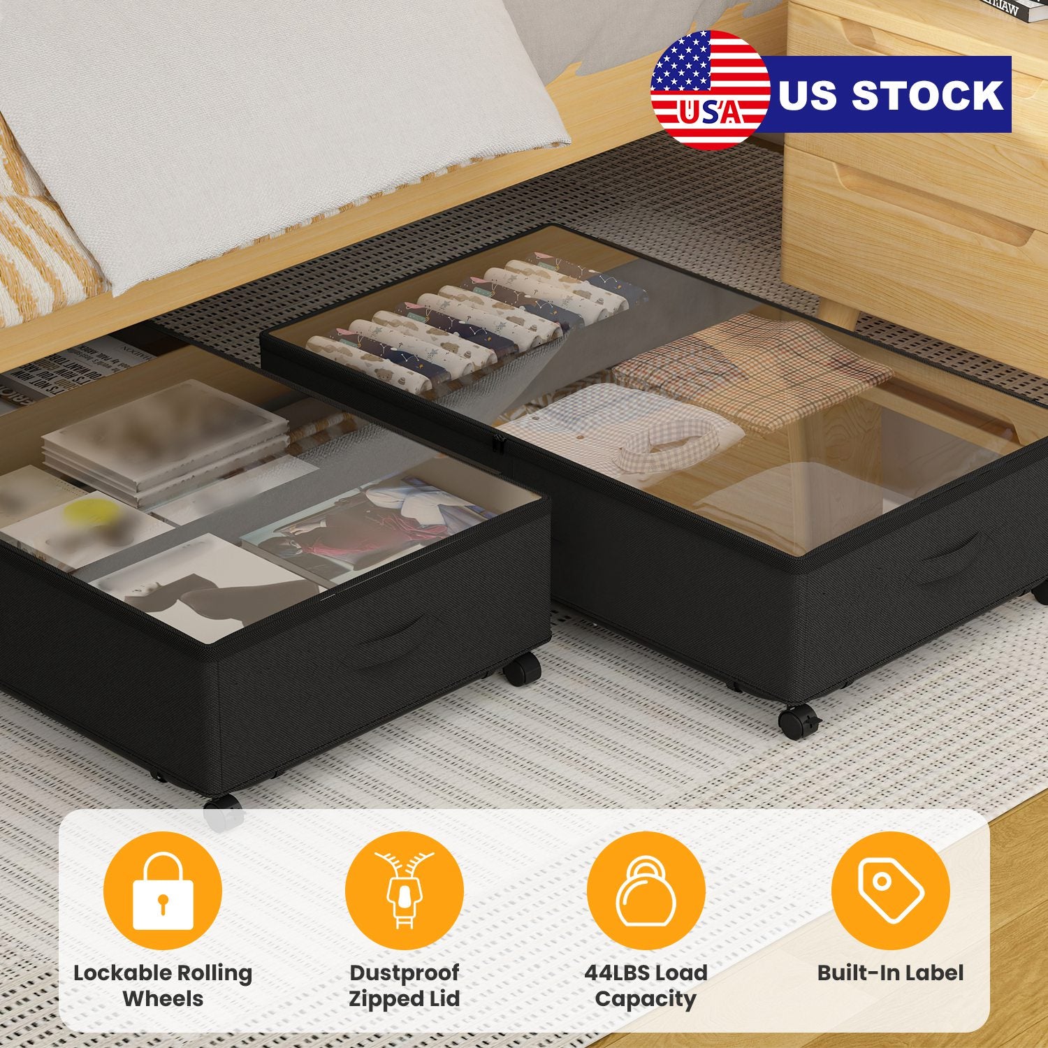 2Pcs Under Bed Storage Container With Lockable Wheels Dividers Label Dustproof Clear Lid Strap Handles Rolling Under Bed Metal Drawer for Clothes Shoe