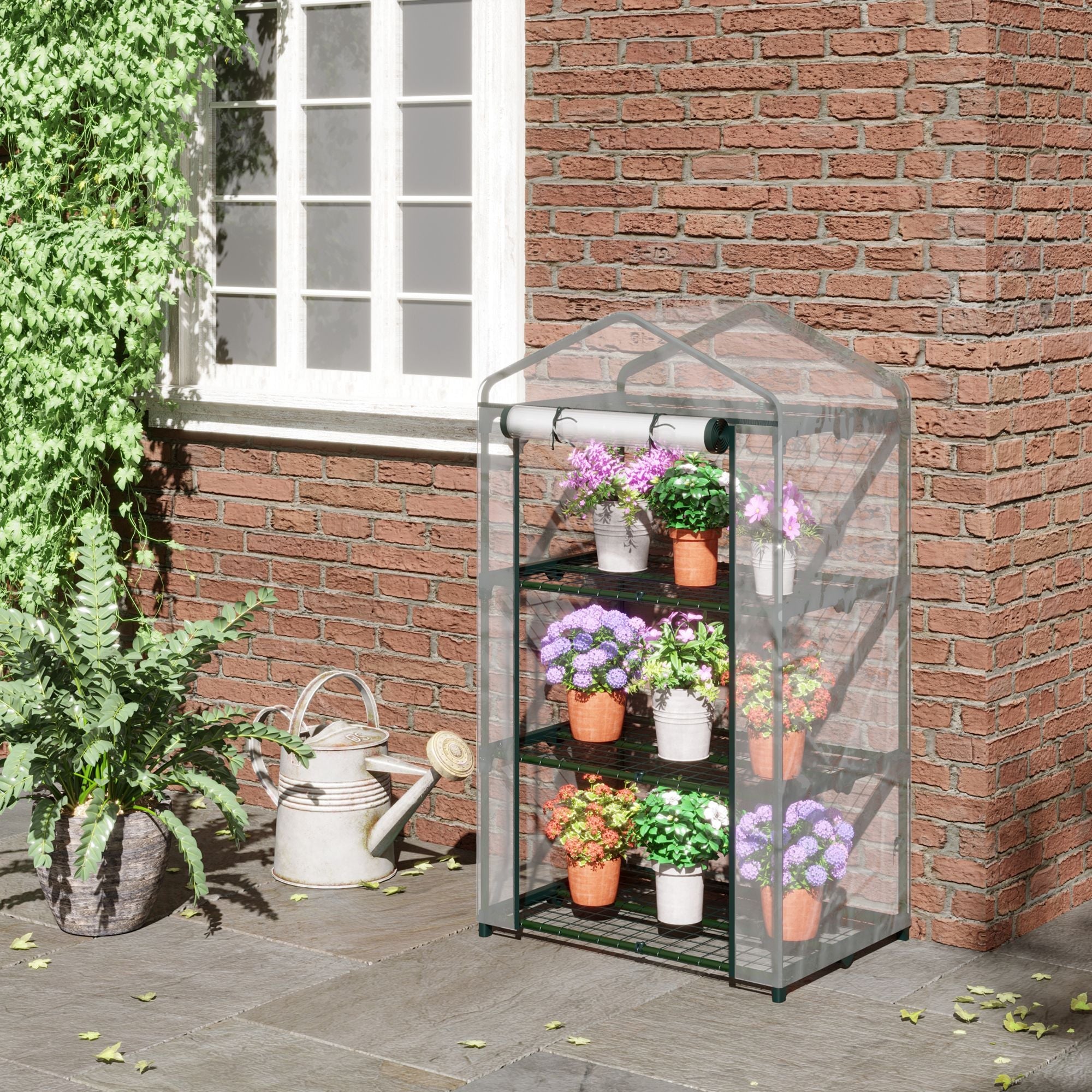 Outsunny 3-Tier Mini Greenhouse: 27"x19"x49" Portable Clear Plant House with Roll Up Door & Wire Shelves