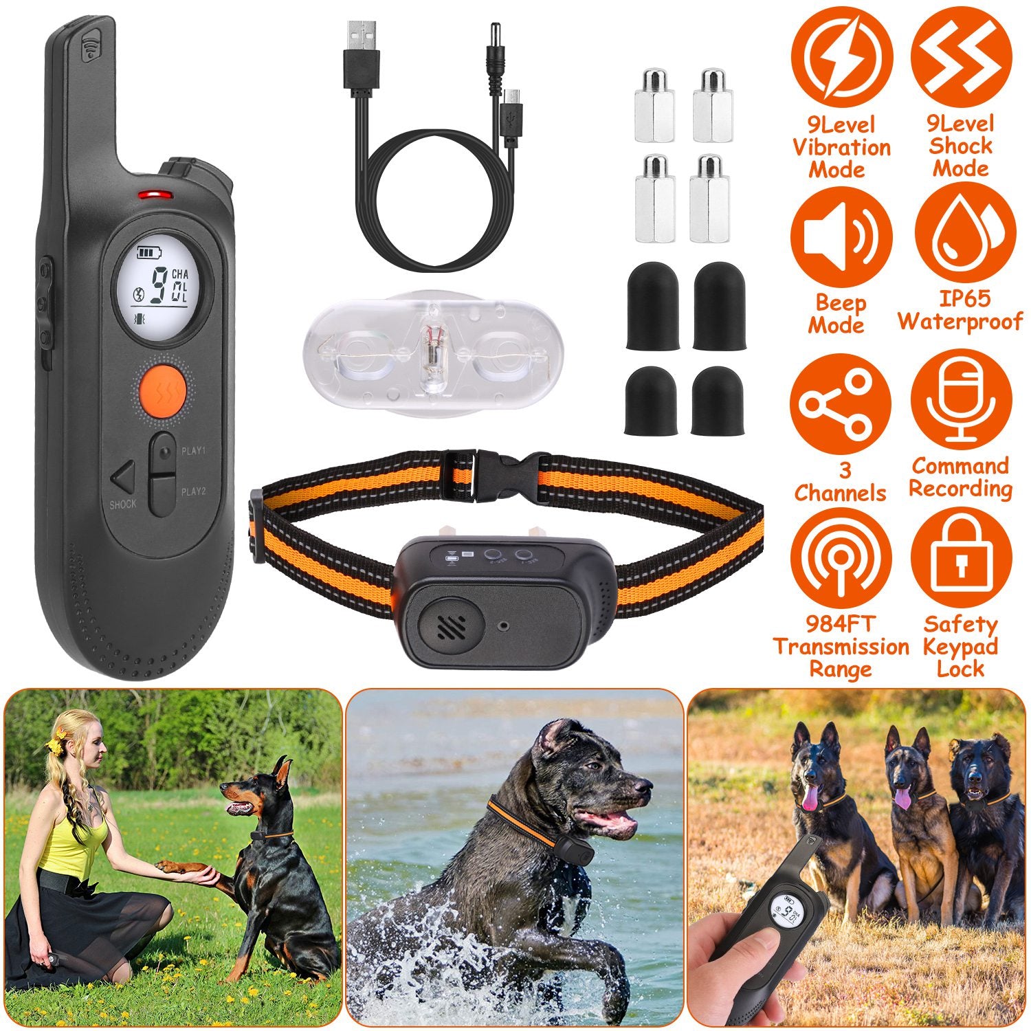 984FT Dog Training Collar IP65 Waterproof Pet Beep Vibration Electric Shock Collar 3 Channels Rechargeable Transmitter Receiver Trainer with Recording