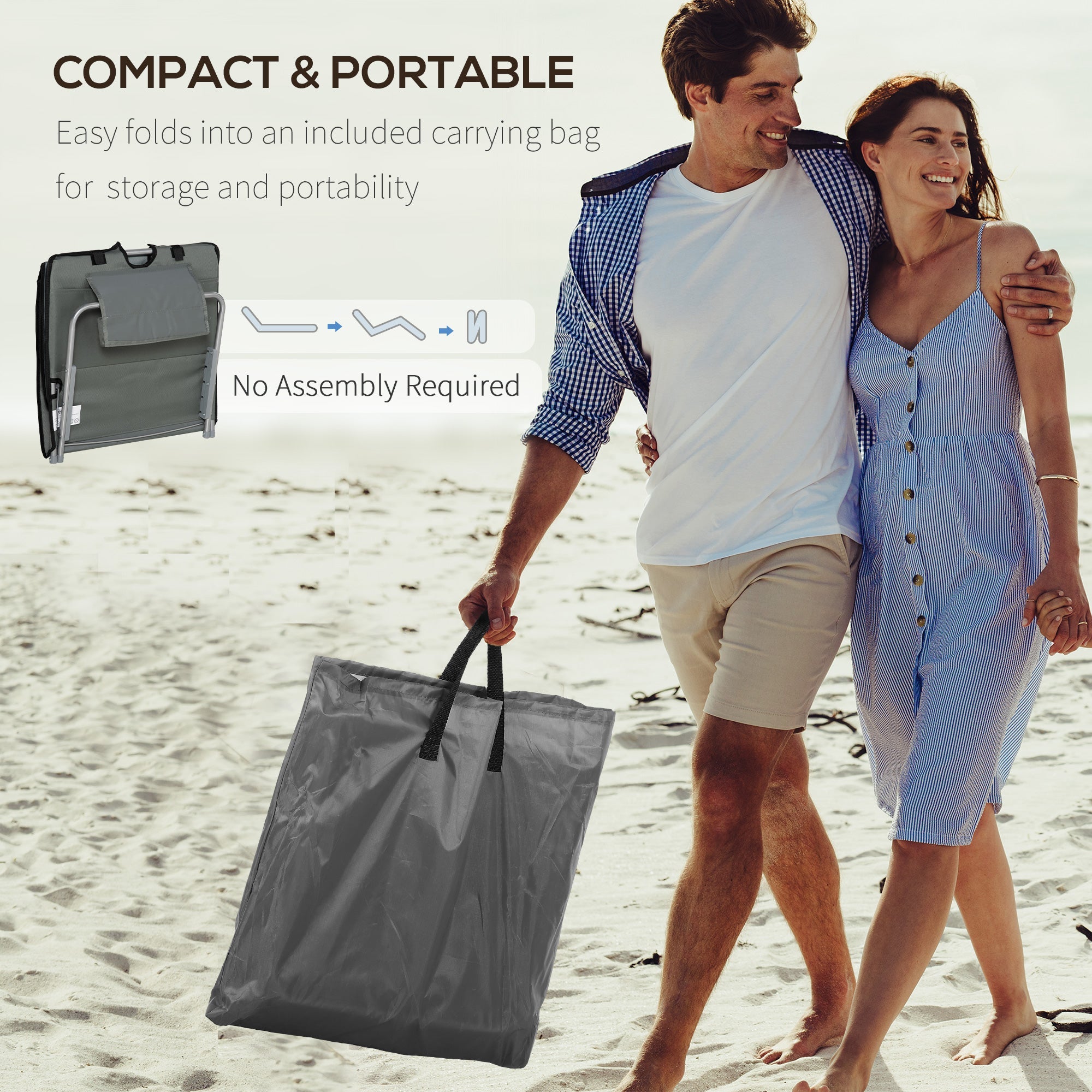 Outsunny Sun Lounger Beach Mat Set of 2 Folding Grey Adjustable Back Steel Frame Head Pillow Carry Bag