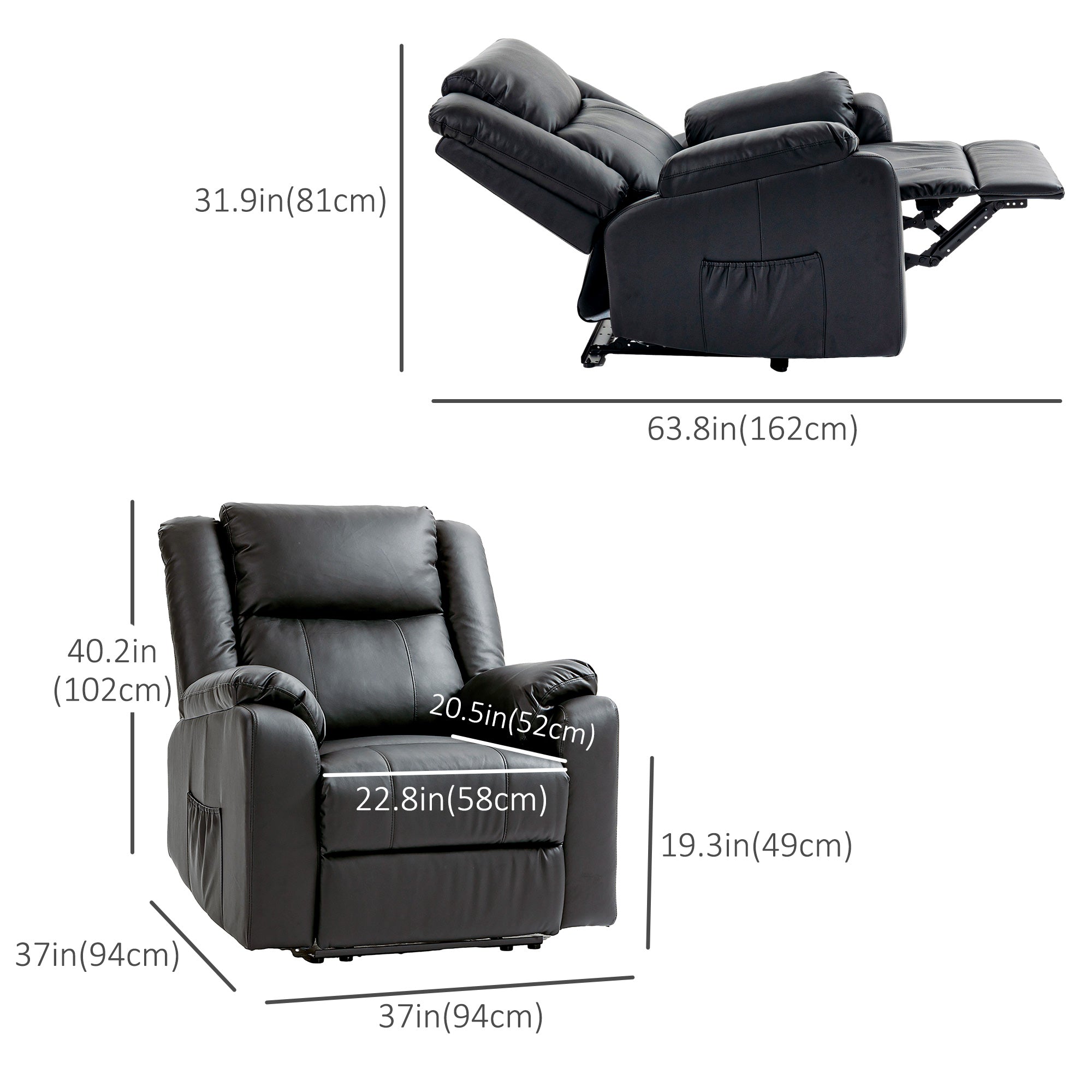 HOMCOM PU Leather Reclining Chair, Recliner Chair for Living Room with Footrest and 2 Side Pockets, Black