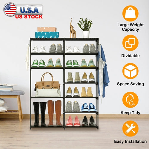 7 Tiers Plus 5 Tiers Shoe Rack Metal Shoe Storage Shelf Free Standing Large Shoe Stand 24+ Pairs Shoe Tower Unit Tall Shoe Organizer with 2 Hooks for