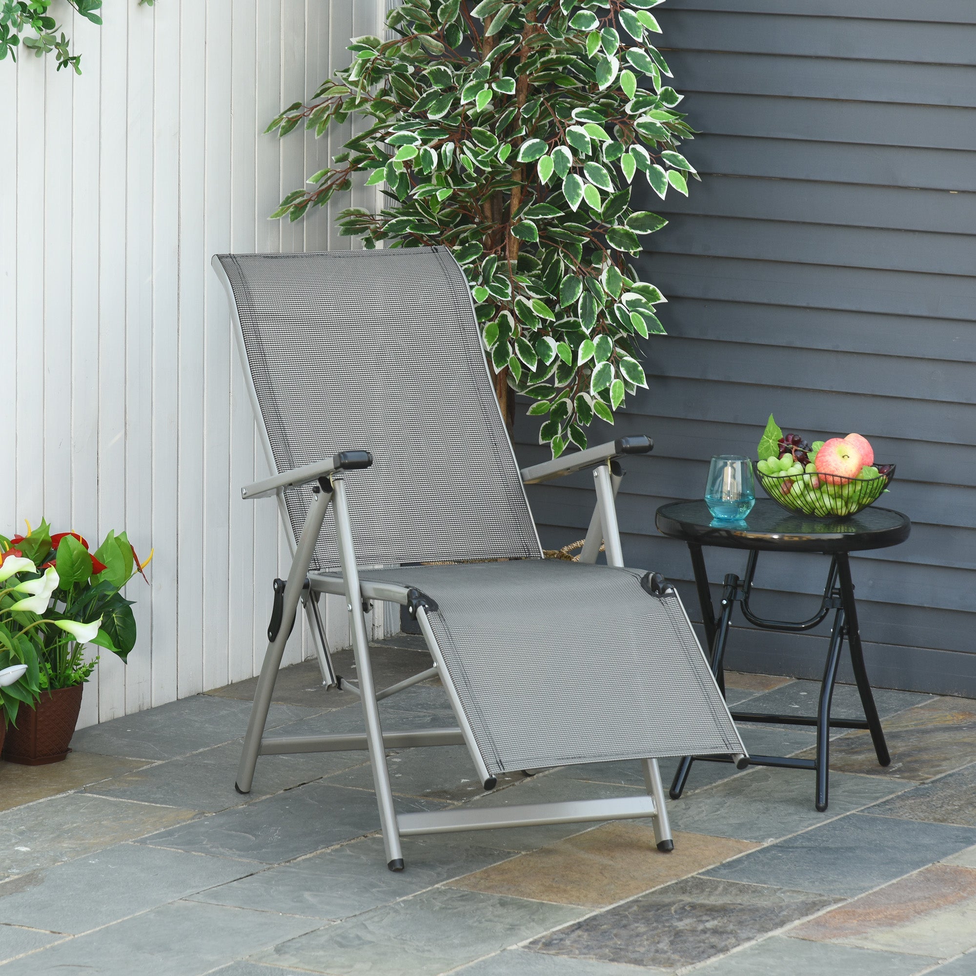 Outsunny Portable Lounge Chair: Foldable with Adjustable Backrest and Footrest, Gray Hue for Outdoor Relaxation