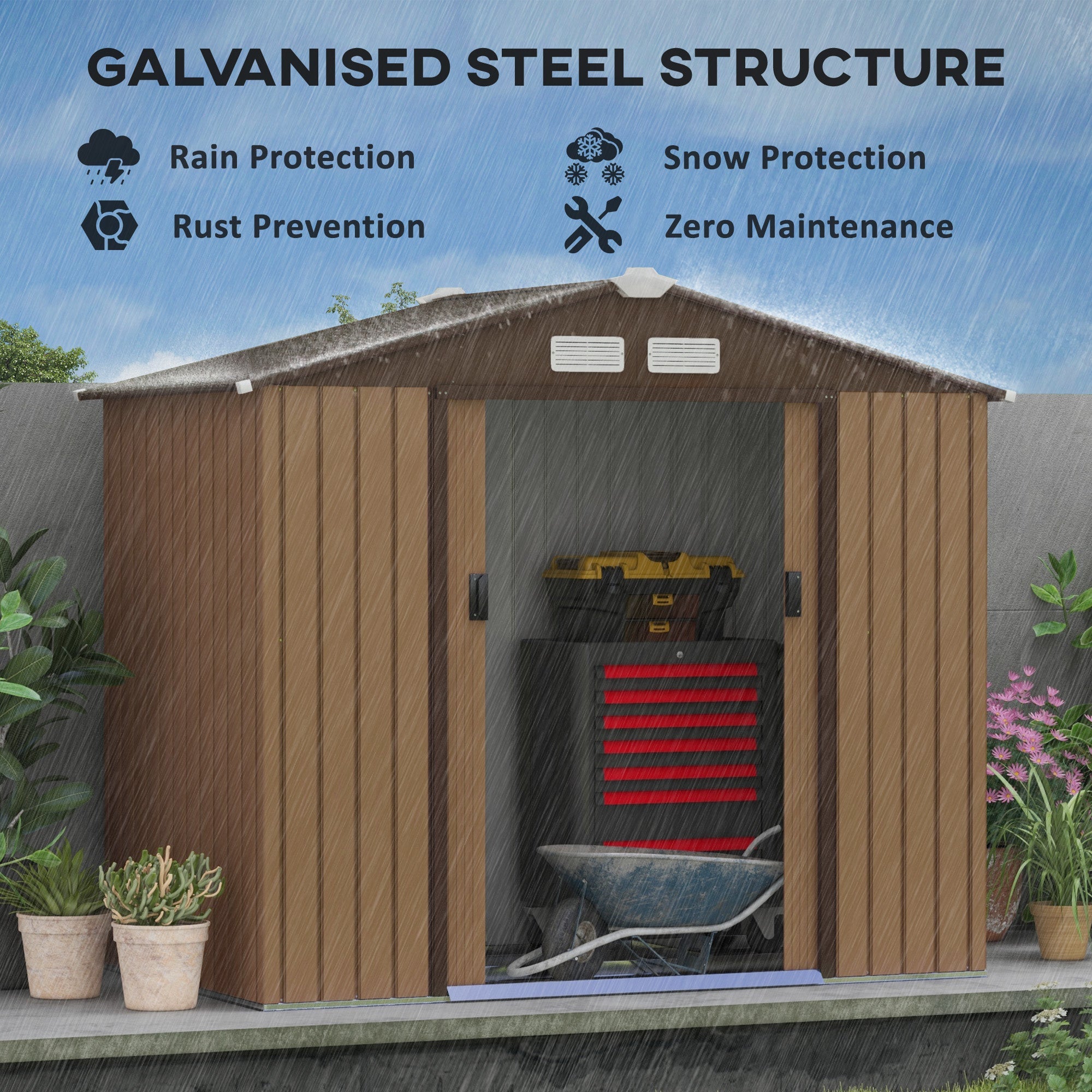 Outsunny Garden Storage Shed 7'x4'x6' - Outdoor Metal Tool Storage House with Foundation, Galvanized Steel Base, Yellow