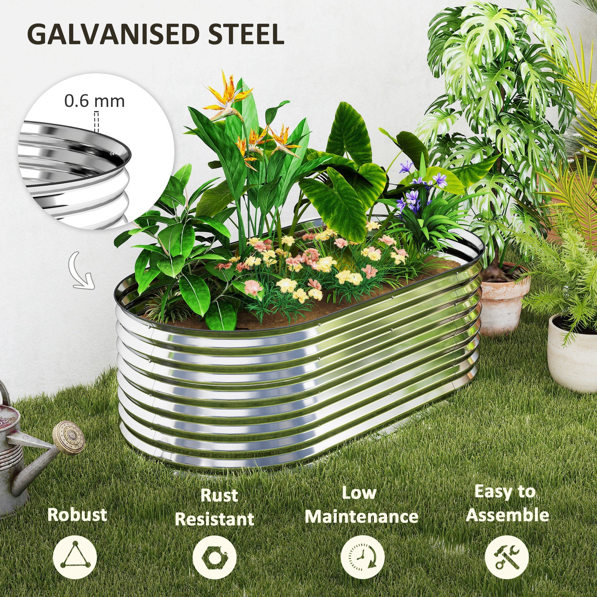 Outsunny 5.2 x 2.6 x 1.8ft Galvanized Raised Garden Bed, Easy DIY Oval Planter Box with Safety Edging and Gloves, Silver